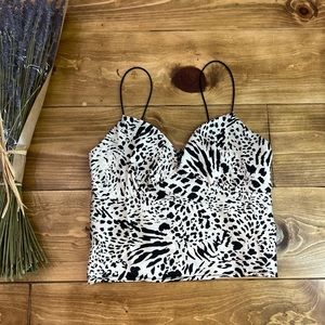 Animal Print Black White Faux Satin Spaghetti Strap Crop Top